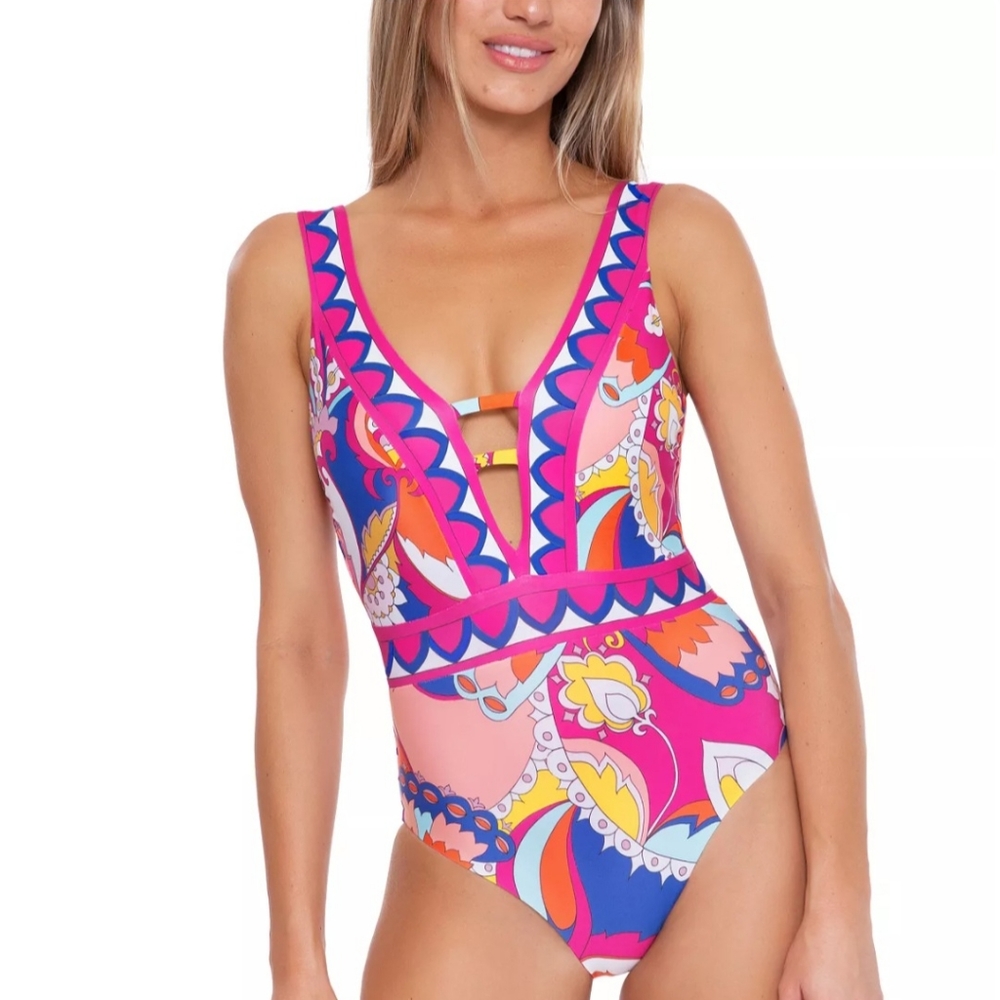 NWT Trina Turk Swimsuit 10 Womens One Piece Sevilla Plunge Floral Pink Retro
